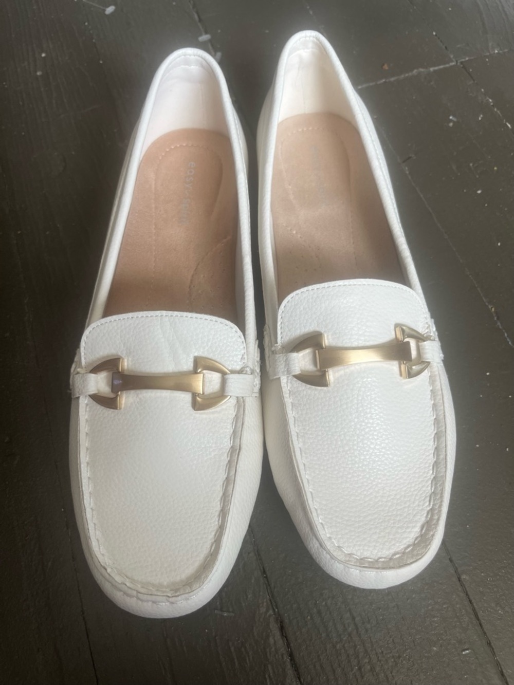 Easy Spirit Morgana White Leather Slip-On Loafers with Gold Bit